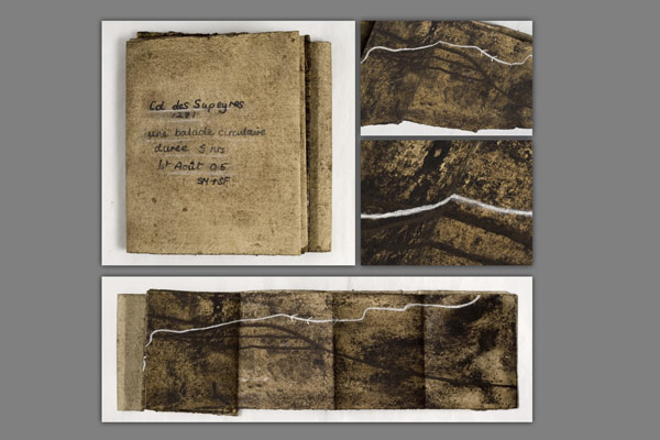 <font color=#bdbdb6 face=Verdana><strong>Shape of the path
 series I - IV</strong><br />
Memory map of path taken on Col des Supeyres. Collected soil samples on Indian paper. Sussex chalk line.<br />
<em>17 x 19cm closed 17.5 x 294cm wide (extended) - 2005</em></font>
