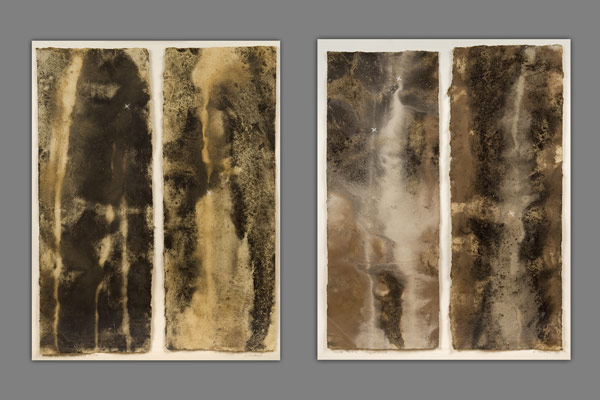 <font color=#bdbdb6 face=Verdana><center><table><tr><td align=center><strong>Becoming Place I</strong><br>Soils collected Black Hill. On Indian paper. Sussex chalk cross
<br /><em>84 x 74cm wide, framed - 2005</em>
</td><td width=60></td><td  align=center><strong>Becoming Place II</strong><br />Soils collected Col des Supeyres. On Indian paper. Sussex chalk cross<br /><em>84 x 74cm wide, framed - 2005</em>
</em>
</td></tr></table></center></font>