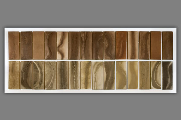 <font color=#bdbdb6 face=Verdana><strong>Two Rivers Dore</strong><br />
Two rivers with same name. 14 soils from 14 points.
      <br />River Dore, Puy de Dome. <em>(F)</em> from source to confluence with Allier. <br />

 River Dore, Herefordshire. <em>(GB)</em> from source to confluence with Monnow.<br />
Soils on canvas used in order of collection. <em>Each panel 198 x 46cm wide - 2003-06</em></font>
