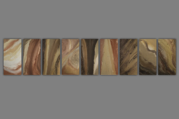 <font color=#bdbdb6 face=Verdana><strong>Walking North</strong><br />
Soils collected during 9 walks, Abberley and Malvern Hills Geopark. Soils on canvas used in order of collection. <br />
<em>Each panel 200 x 100cm wide - 2006-07</em></font>
